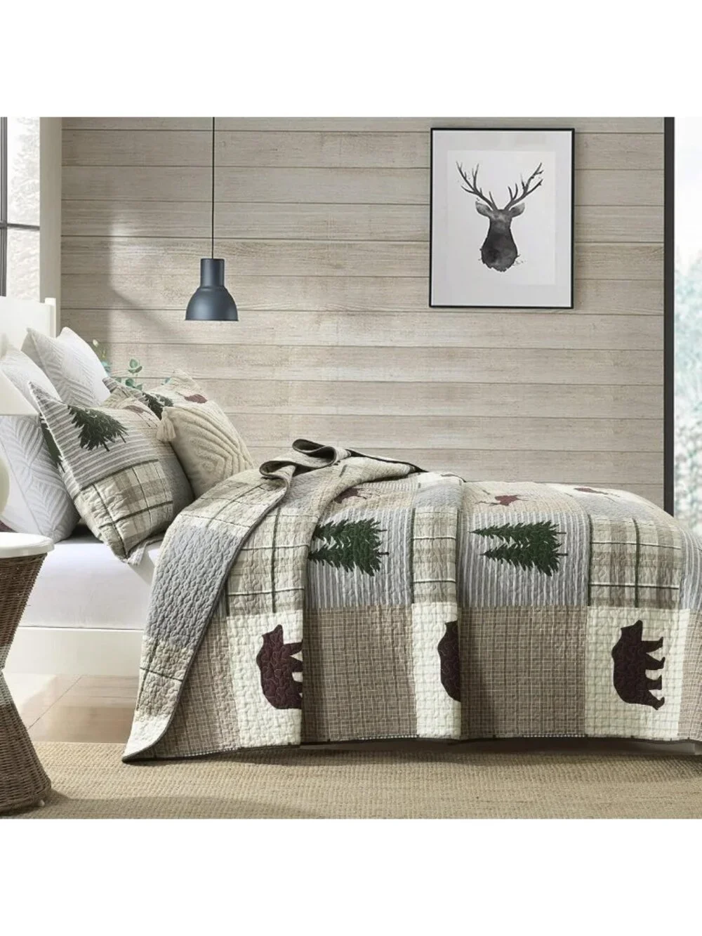 Cozy 100% Cotton Queen Quilt Set - Reversible Forest Plaid Bedspread & 2 Shams